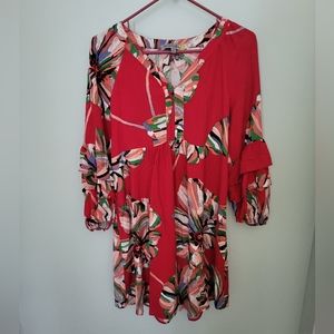 Anthropologie Figueroa‎ & Flower Floral Flowy Red V Neck Ruffle Dress Size Small